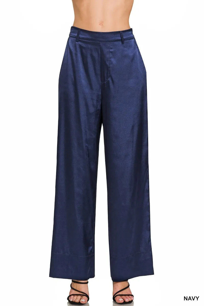 Zenana Wide-Leg Satin Pants - women's bottoms at Lola Mariee boutique