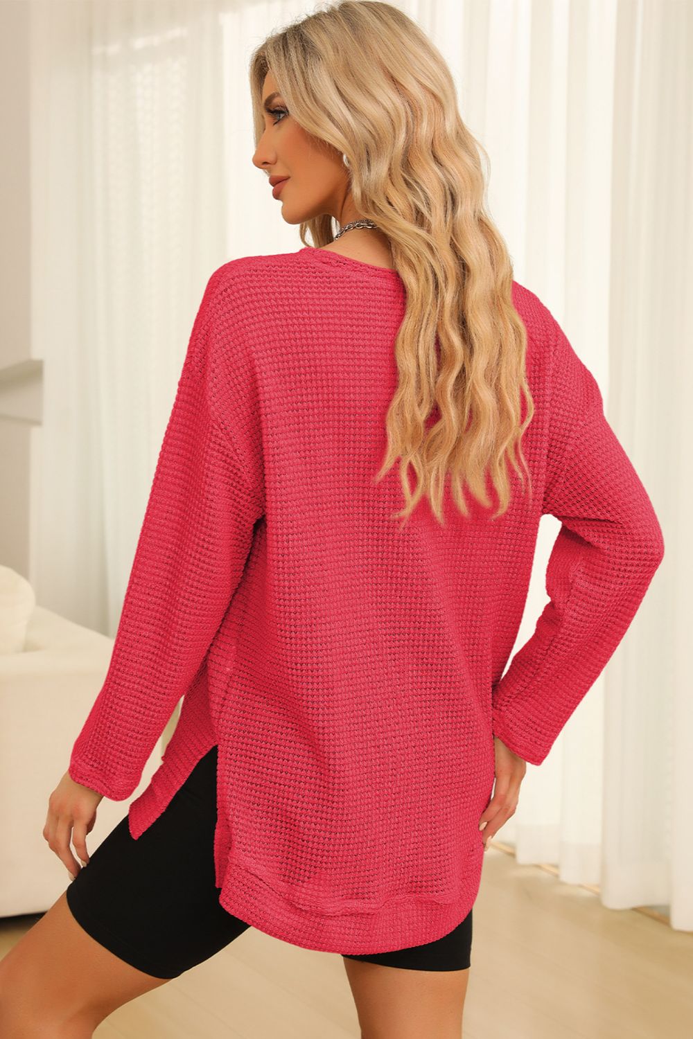 Waffle-Knit Round Neck Long Sleeve Sweatshirt - Trendsi | Lola Mariee