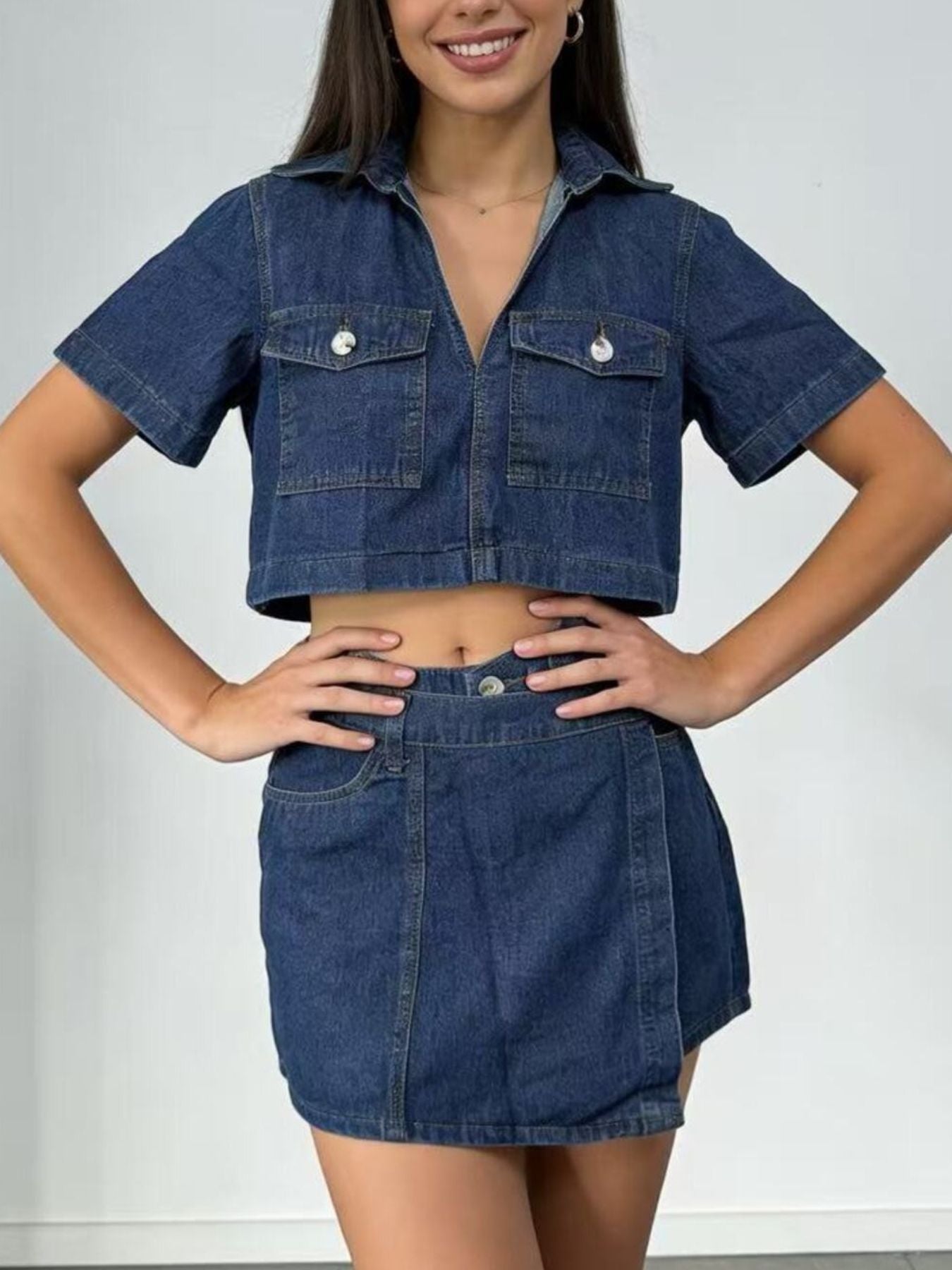 Short Sleeve Cropped Top and Skort Denim Set – view 7 | Lola Mariee
