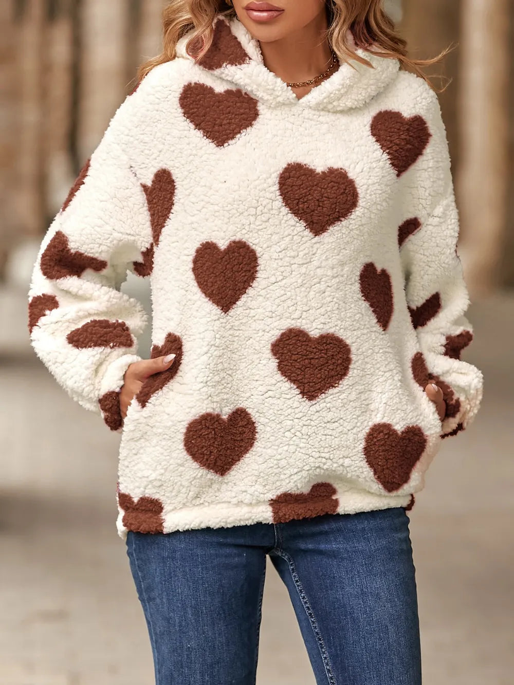 Fuzzy Heart Pocketed Dropped Shoulder Hoodie – view 10 | Lola Mariee
