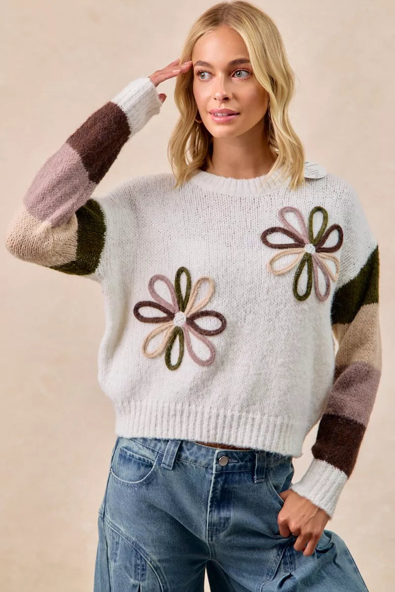 BiBi Flower Color Block Sweater - Trendsi | Lola Mariee