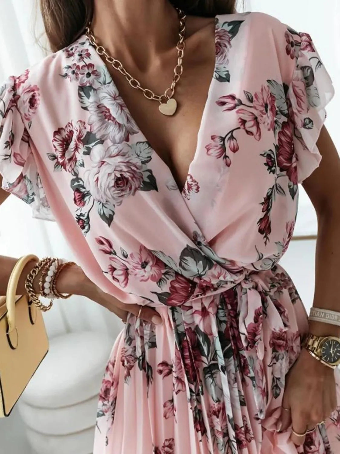 Floral Surplice Ruffled Cap Sleeve Dress - Trendsi | Lola Mariee