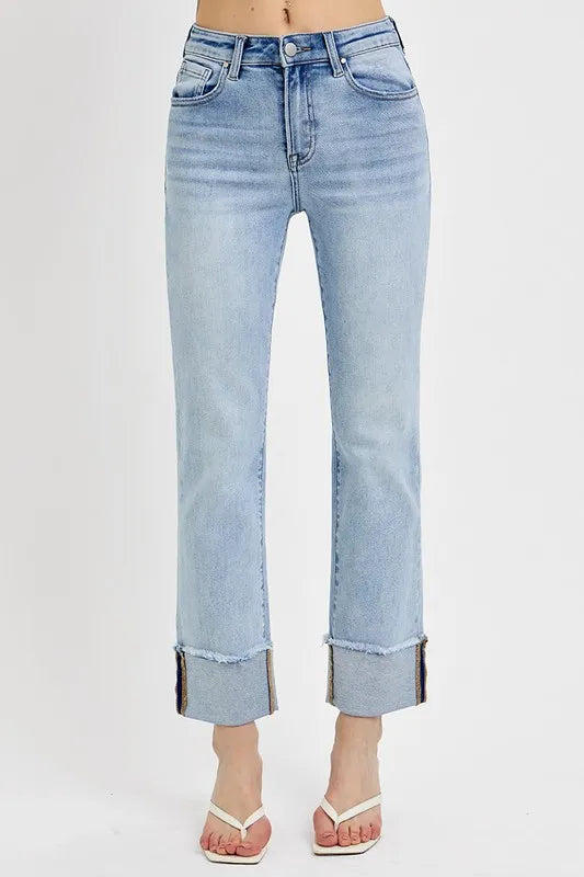 RISEN High Rise Straight Cuffed Relaxed Jeans - women's bottoms at Lola Mariee boutique