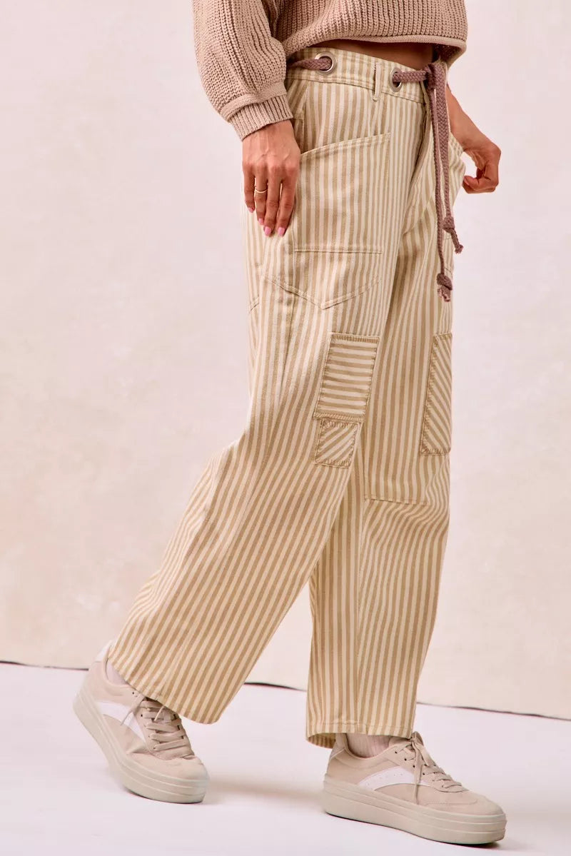 BiBi Drawstring Striped Twill Barrel Pants - Trendsi | Lola Mariee