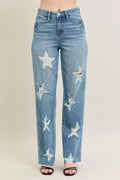 Judy Blue Full Size High Waist Rigid Magic Star Shaped Destroy 90's Straight Jeans Plus Size - women's bottoms at Lola Mariee boutique