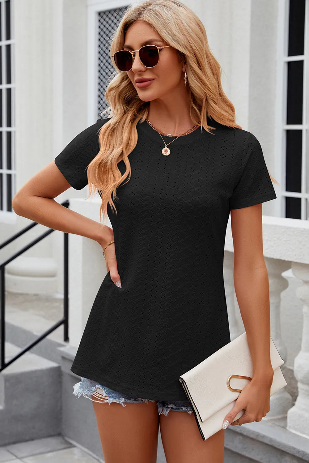 Eyelet Slit Round Neck Short Sleeve T-Shirt - Trendsi | Lola Mariee