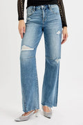 RISEN Full Size Mid Rise Fit Wide Baggy Leg Tie Washed Jeans Plus Size - women's bottoms at Lola Mariee boutique