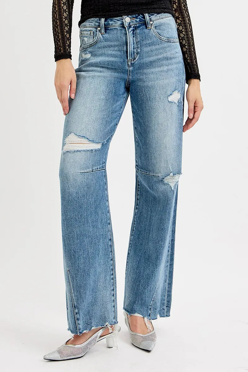 RISEN Full Size Mid Rise Fit Wide Baggy Leg Tie Washed Jeans Plus Size - women's bottoms at Lola Mariee boutique