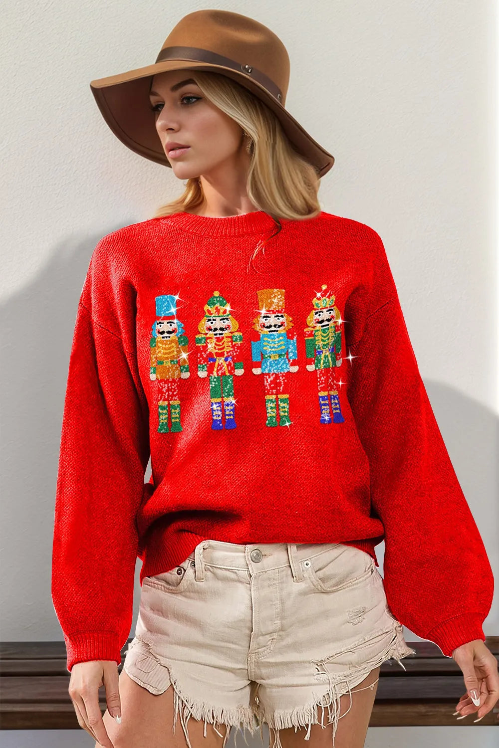 Double Take Full Size Sequin Nutcracker Long Sleeve Sweater – view 3 | Lola Mariee