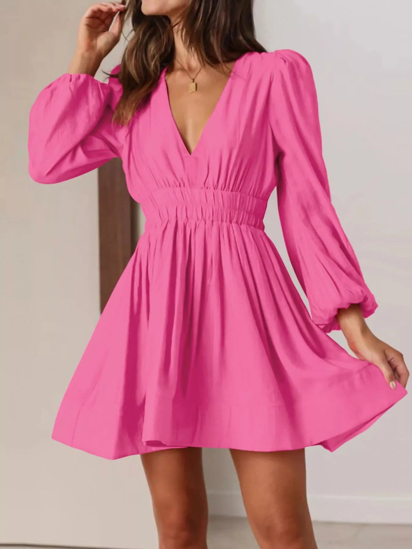 V-Neck Long Sleeve Mini Dress – view 8 | Lola Mariee