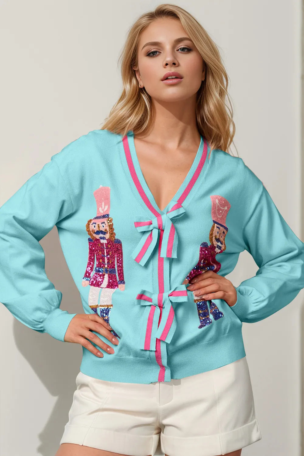 Double Take Full Size Nutcracker Sequin Bow Decor Cardigan – view 9 | Lola Mariee