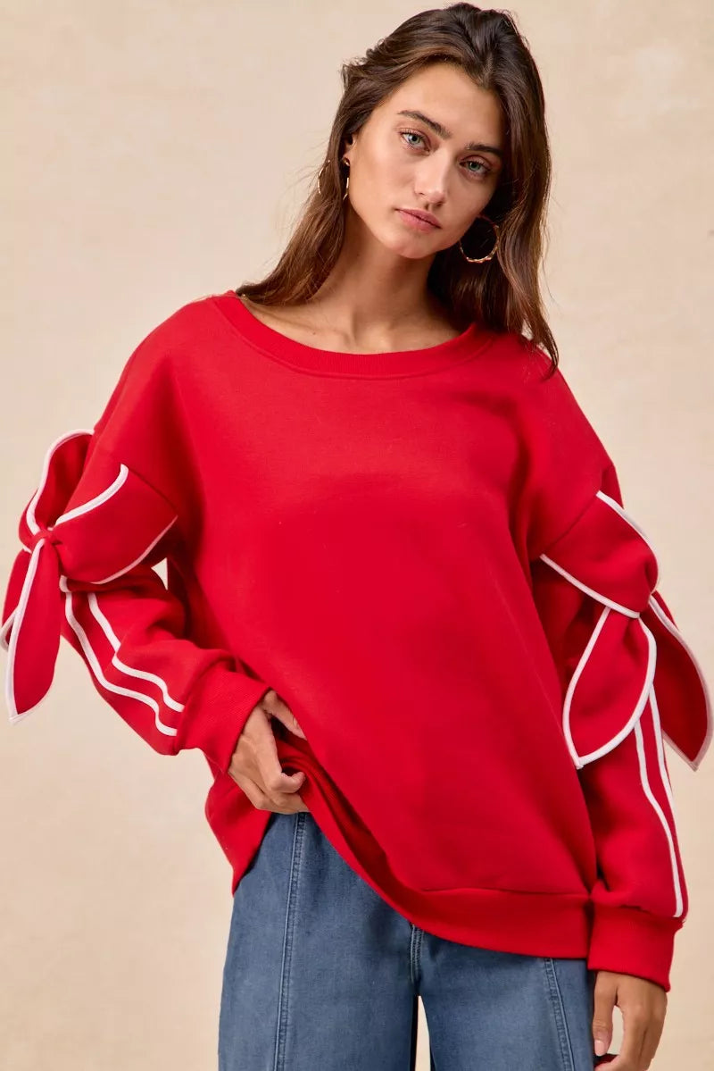 BiBi Bow Detail Sleeves Fleece Sweatshirt - Trendsi | Lola Mariee