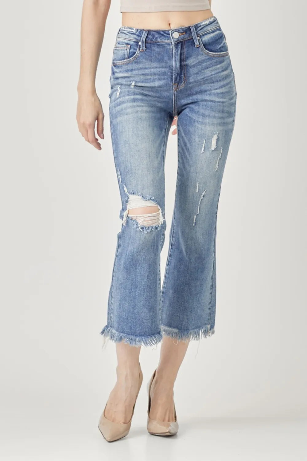 RISEN High Waist Distressed Cropped Bootcut Jeans - women's shoes at Lola Mariee boutique