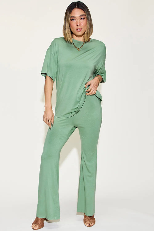 Basic Bae Full Size Bamboo Drop Shoulder T-Shirt and Flare Pants Set | Lola Mariee