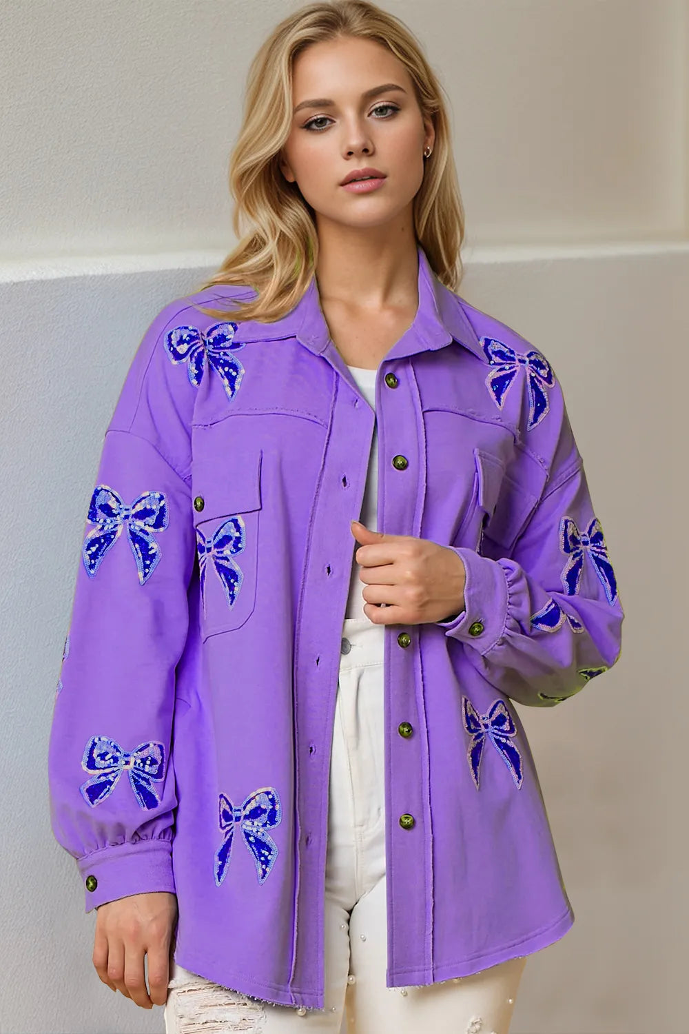 Double Take Full Size Sequin Bow Button Up Shacket – view 3 | Lola Mariee