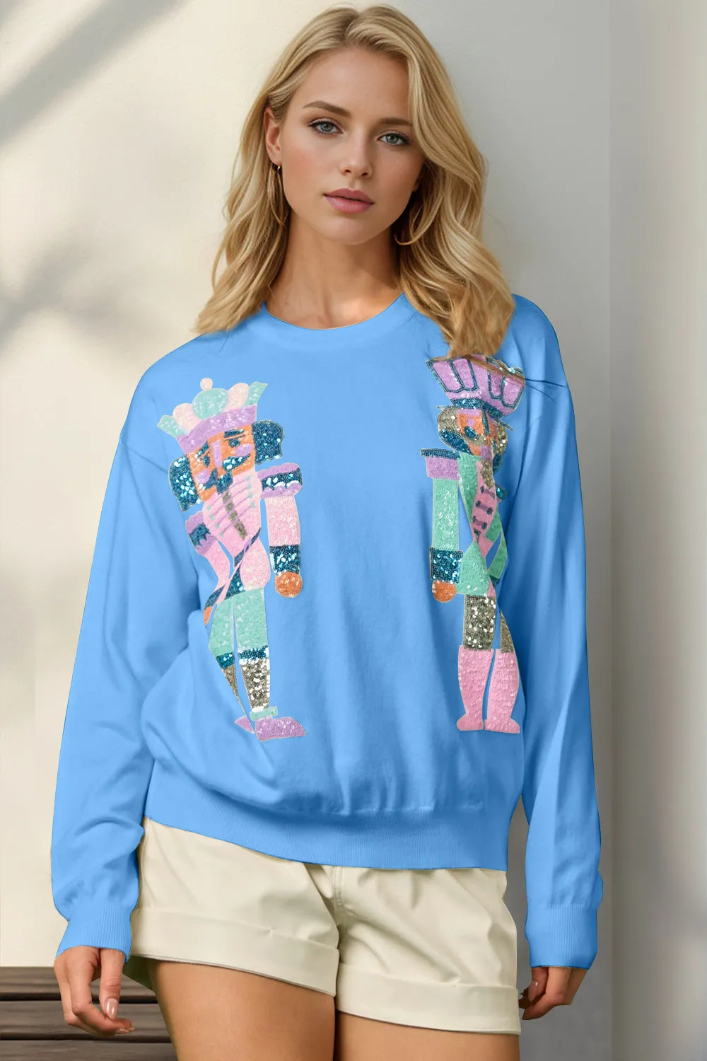 Double Take Full Size Sequin Nutcracker Long Sleeve Sweater – view 5 | Lola Mariee