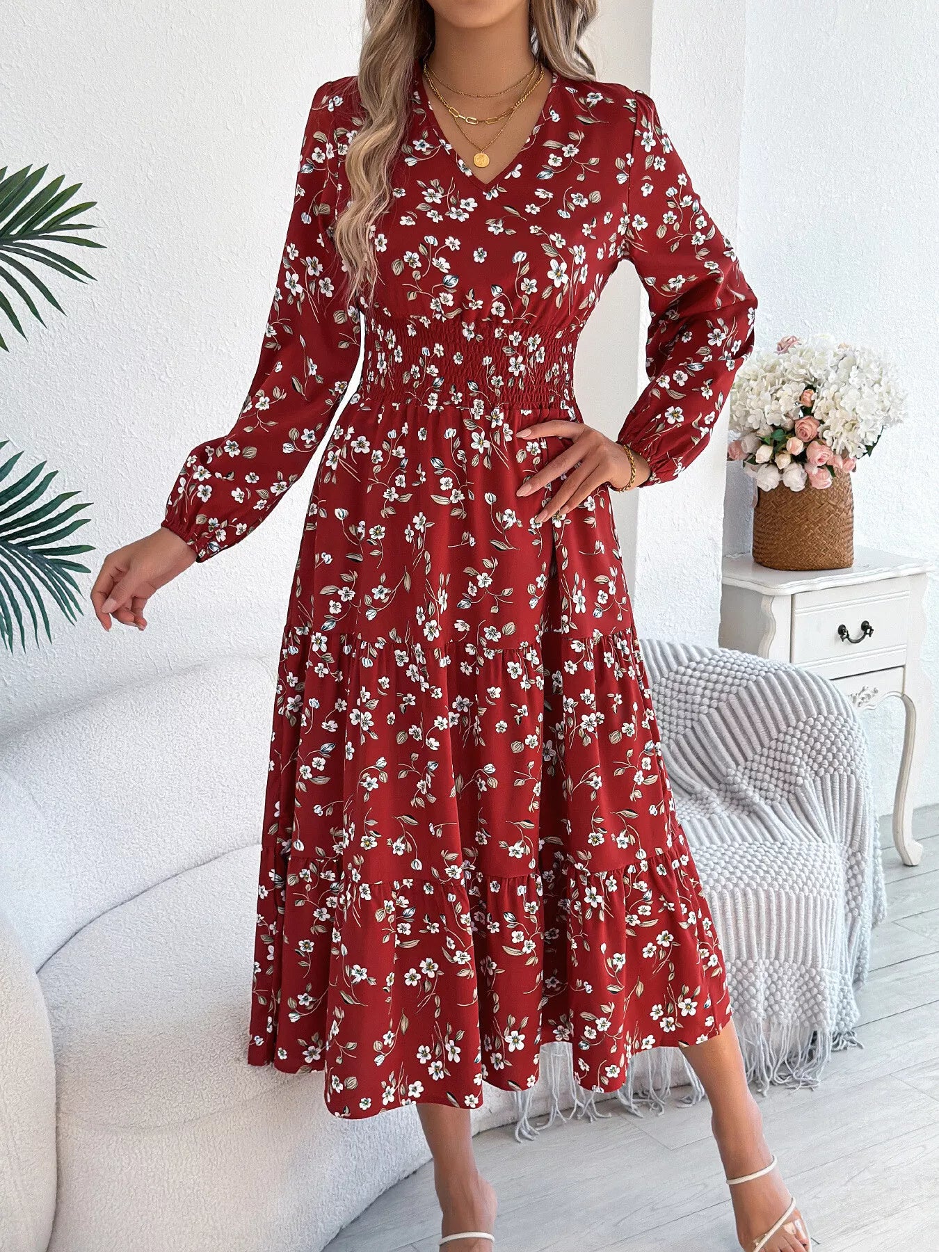 Floral Print Long Sleeve V-Neck Midi Dress – view 7 | Lola Mariee
