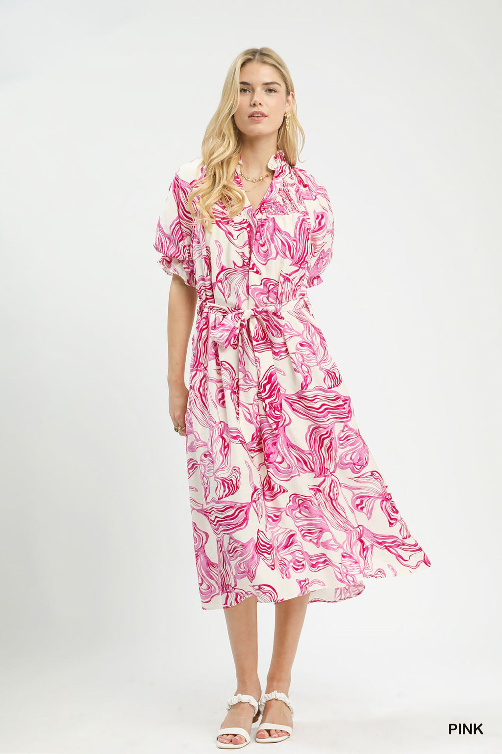Umgee Abstract Print Smocked Tie Waist Midi Dress - Trendsi | Lola Mariee