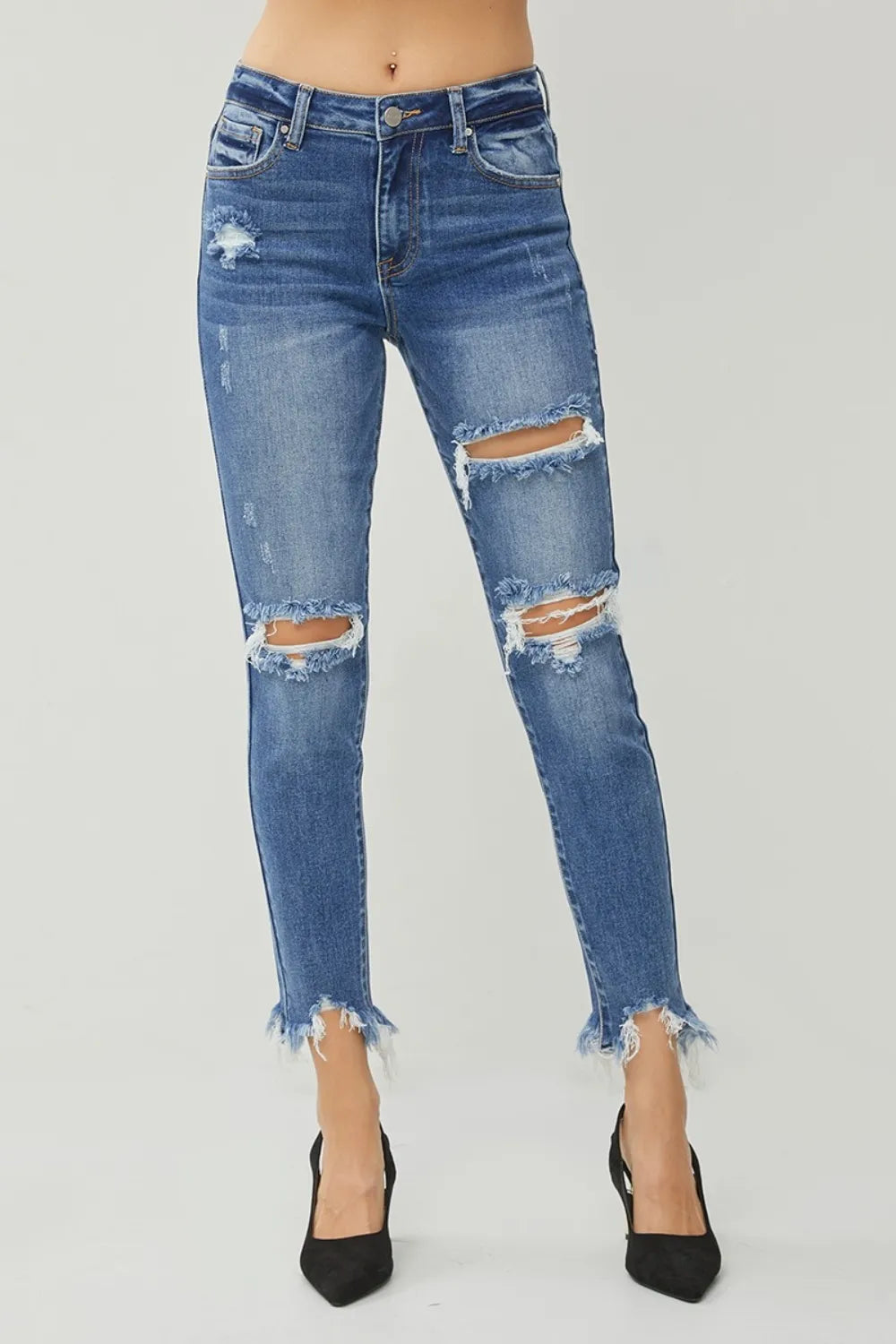 RISEN Distressed Frayed Hem Slim Jeans - LOLA MARIEE | Lola Mariee