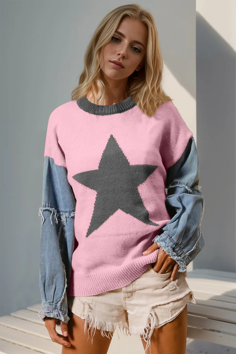 Double Take Full Size Star Pattern Raw Edge Long Sleeve Sweater – view 5 | Lola Mariee