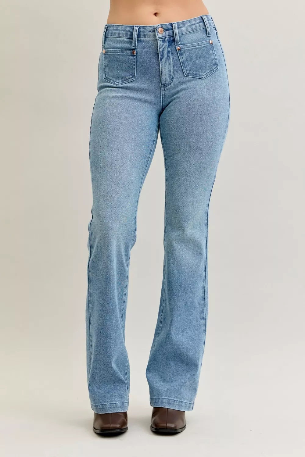 Judy Blue Full Size Mid Rise Bootcut Jeans with Contrast Wash & Front Patch Pockets Plus Size - women's shoes at Lola Mariee boutique