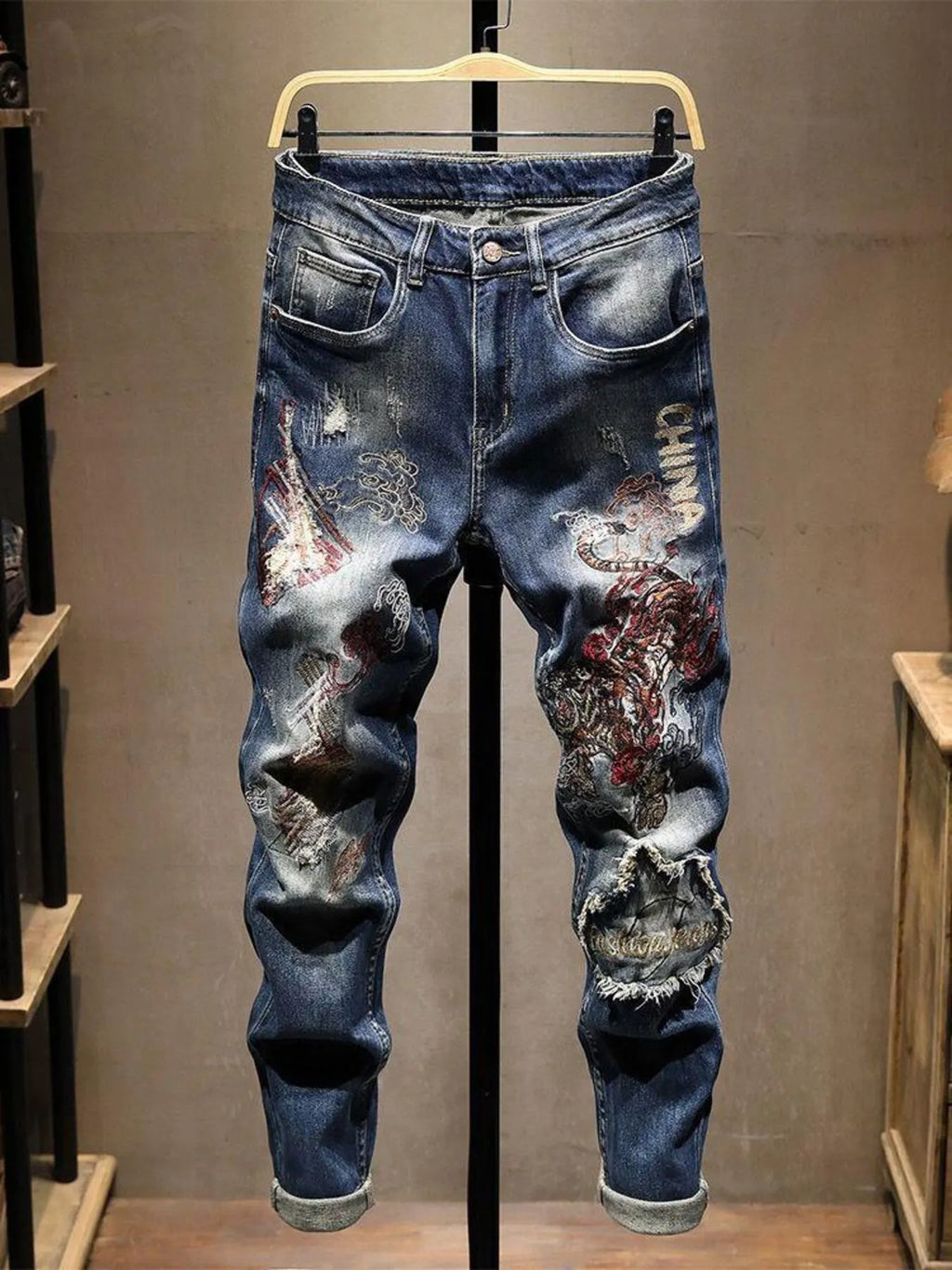 Men's Distressed Embroidered Jeans - women's bottoms at Lola Mariee boutique