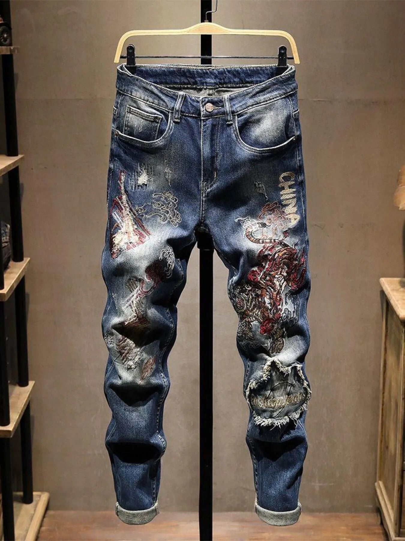 Men's Distressed Embroidered Jeans - women's bottoms at Lola Mariee boutique