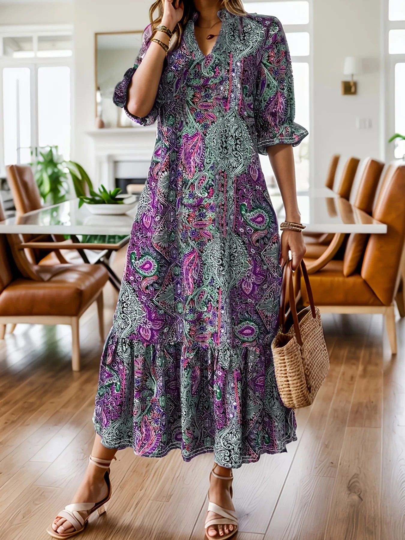 Full Size Bohemian Paisley Print Ruffle Hem Midi Dress Plus Size – view 7 | Lola Mariee