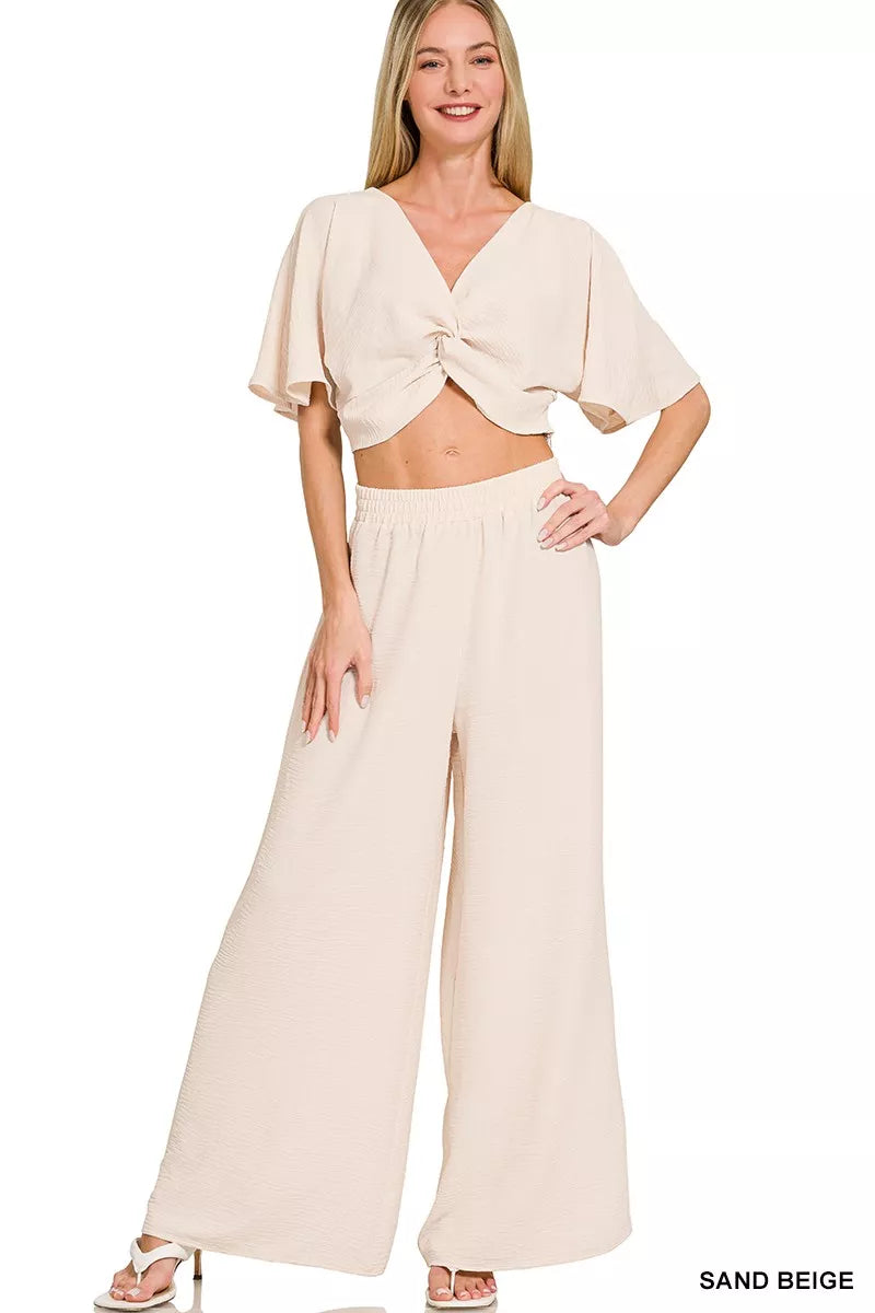 Zenana Woven Airflow Twisted Top & Wide Leg Pants Set - women's top at Lola Mariee boutique