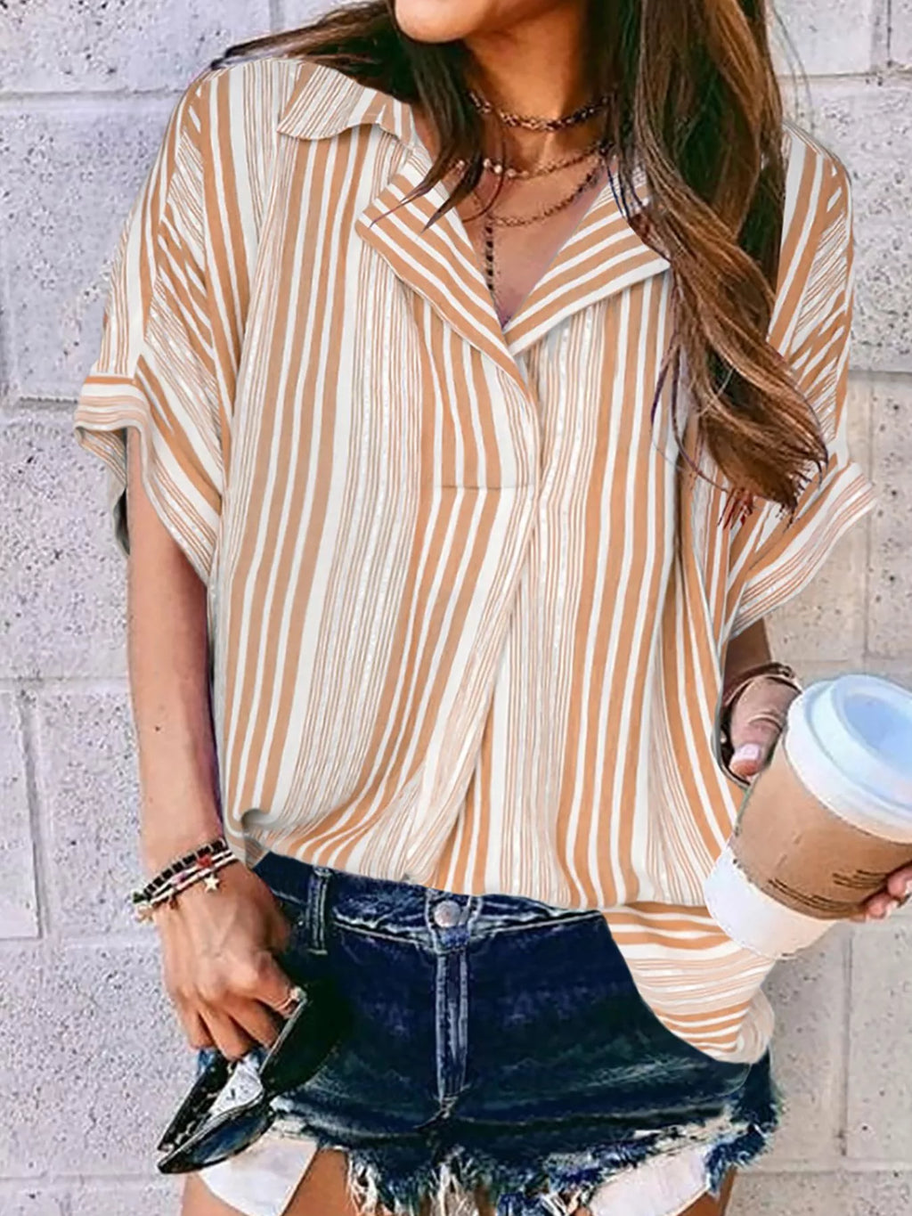 Full Size Collared Neck Half Sleeve Shirt Plus Size - Trendsi | Lola Mariee