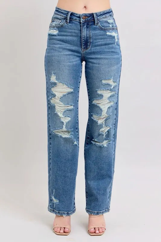 Judy Blue Full Size High Waist Heavy Destroy Straight Jeans Plus Size - women's bottoms at Lola Mariee boutique