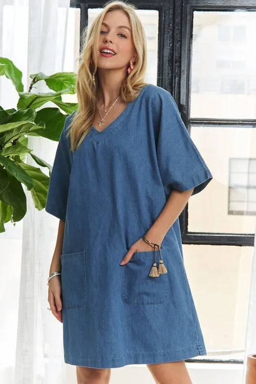 ADORA V-Neck Half Sleeve Mini Denim Dress – view 2 | Lola Mariee