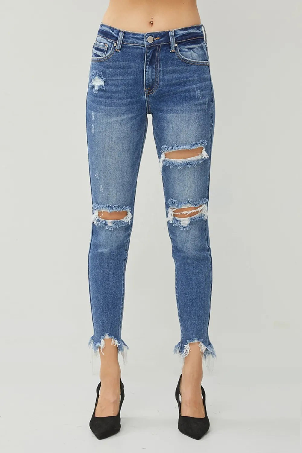 RISEN Distressed Frayed Hem Slim Jeans - LOLA MARIEE | Lola Mariee