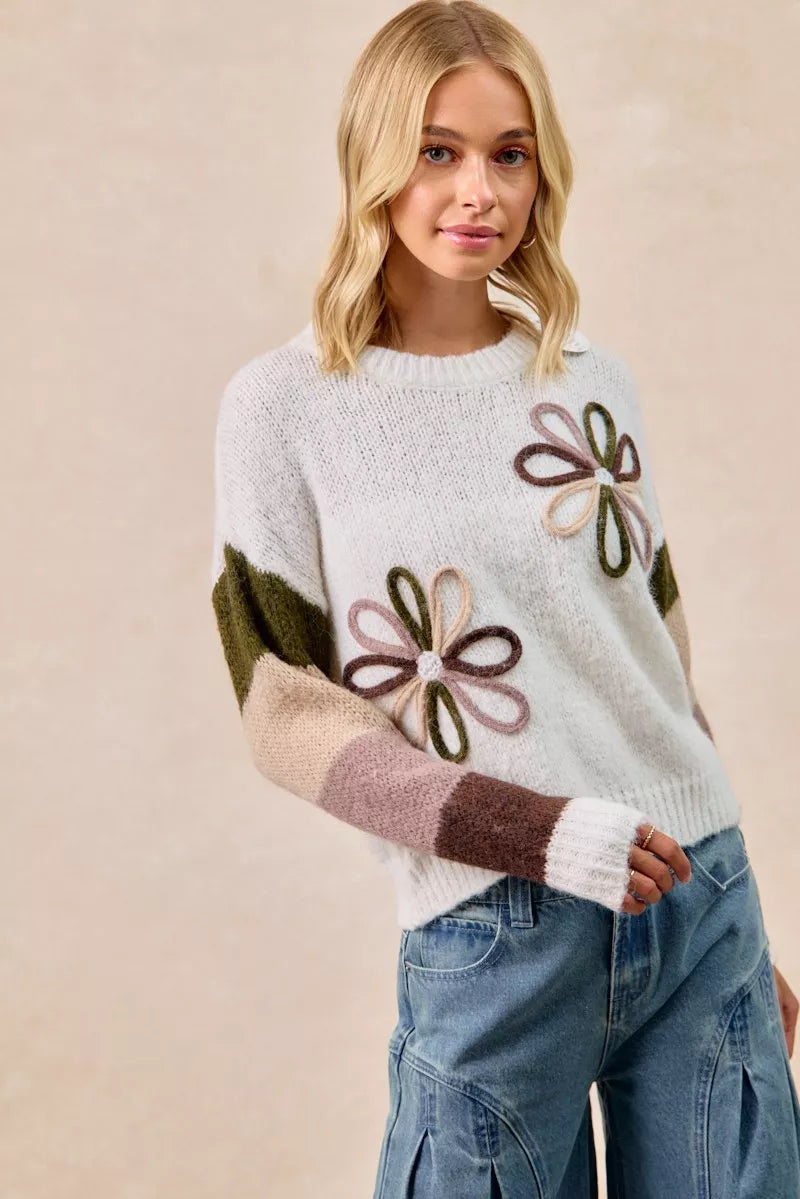 BiBi Flower Color Block Sweater - Trendsi | Lola Mariee