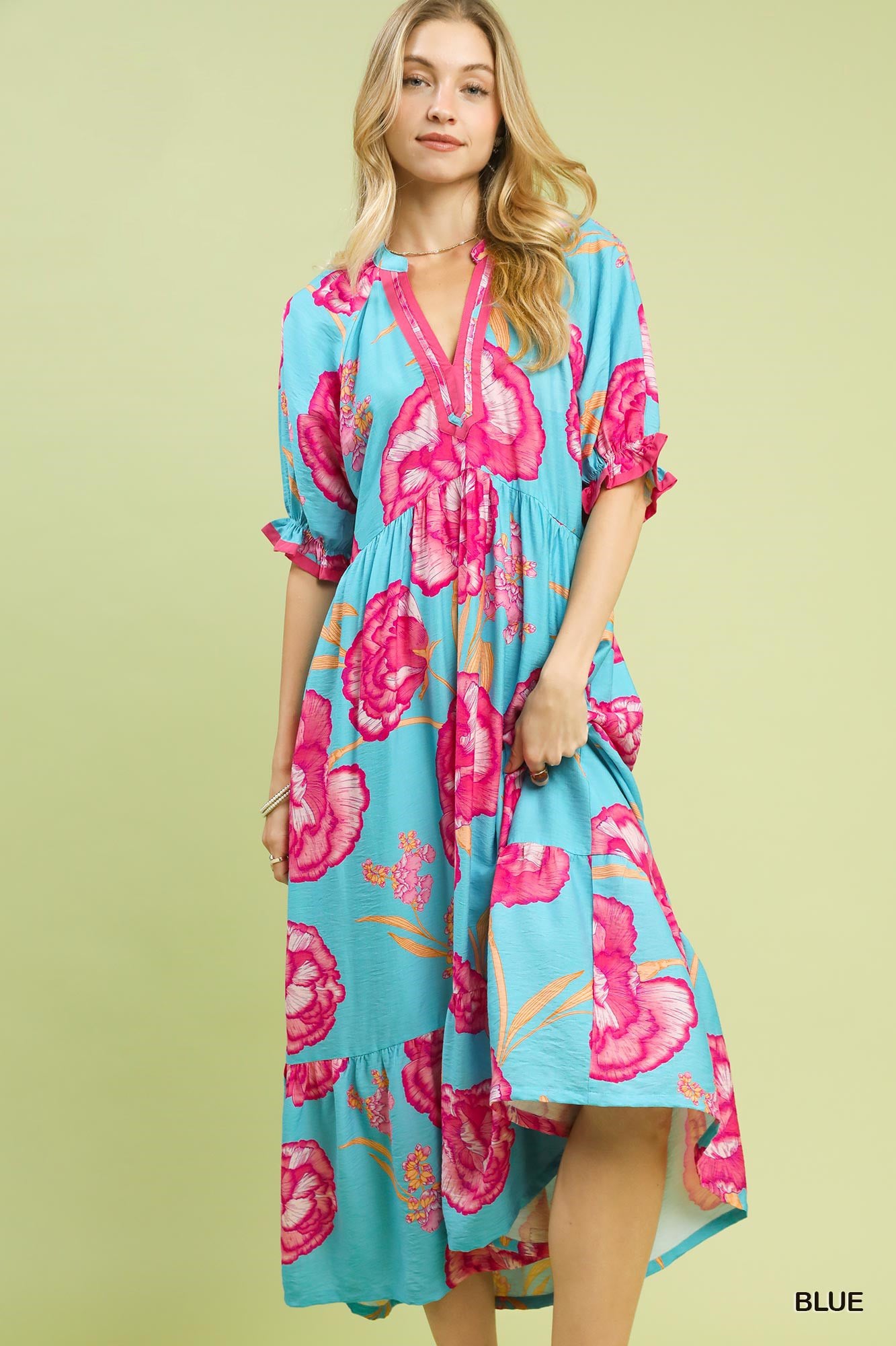 Umgee Floral Print Midi Dress with Contrast Trim - Trendsi | Lola Mariee