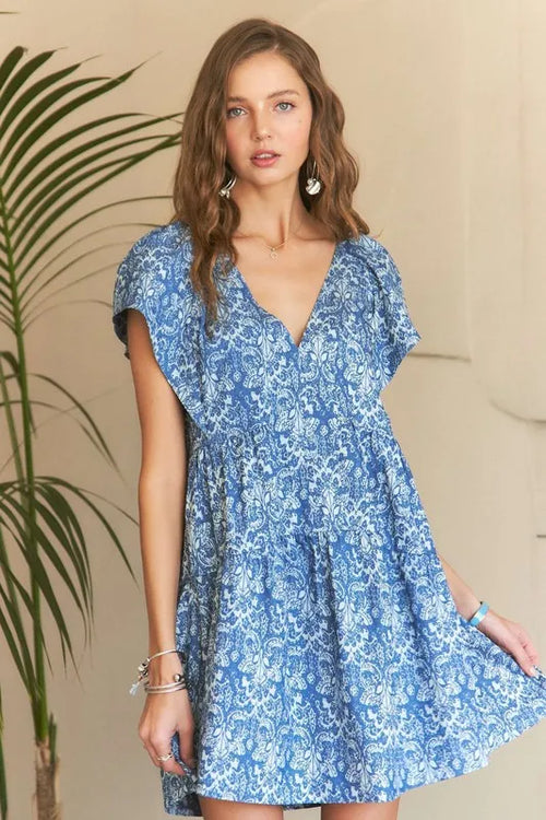 ADORA Printed V-Neck Ruffle Sleeve Mini Dress – view 2 | Lola Mariee