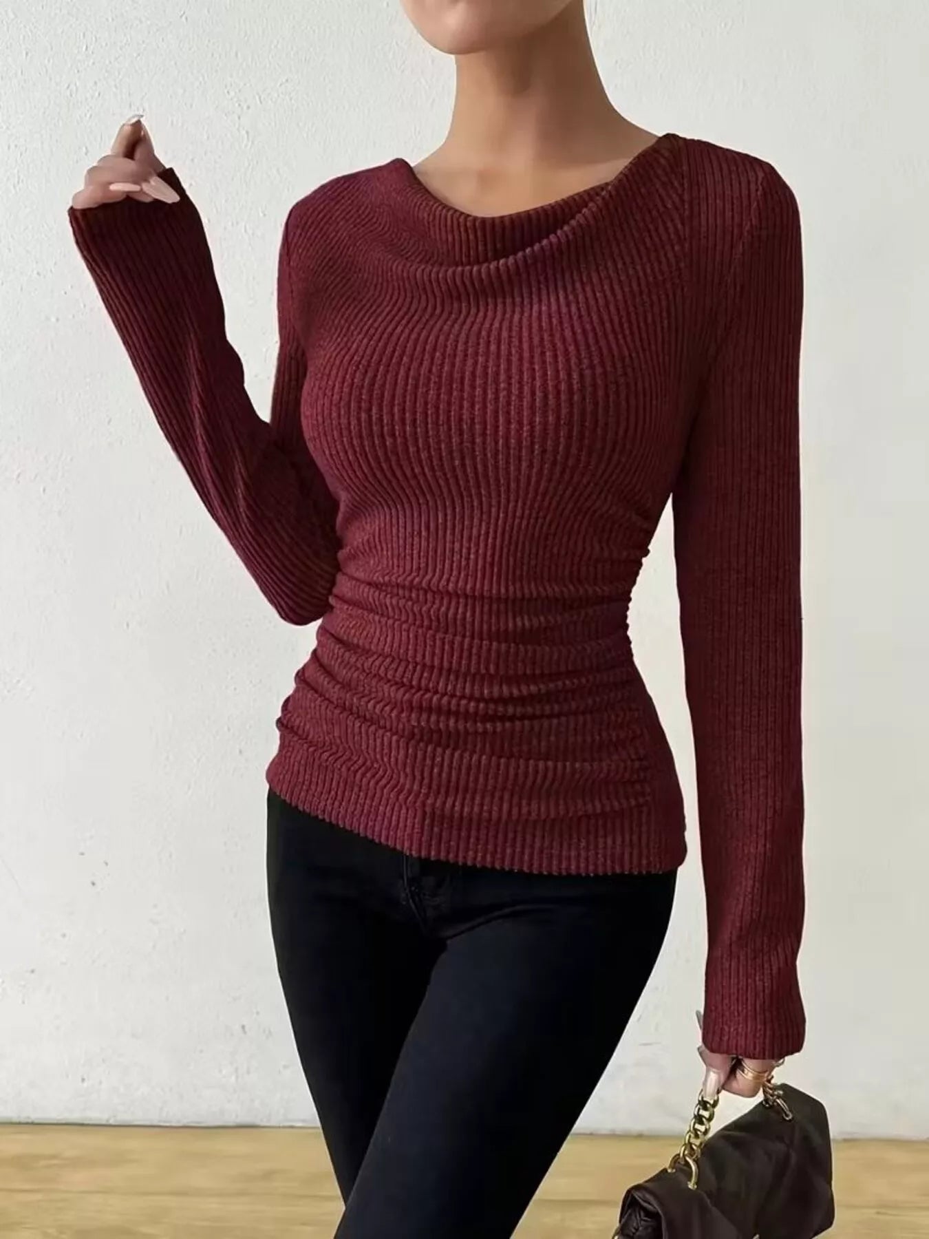 Cowl Neck Ribbed Knit Top – view 8 | Lola Mariee