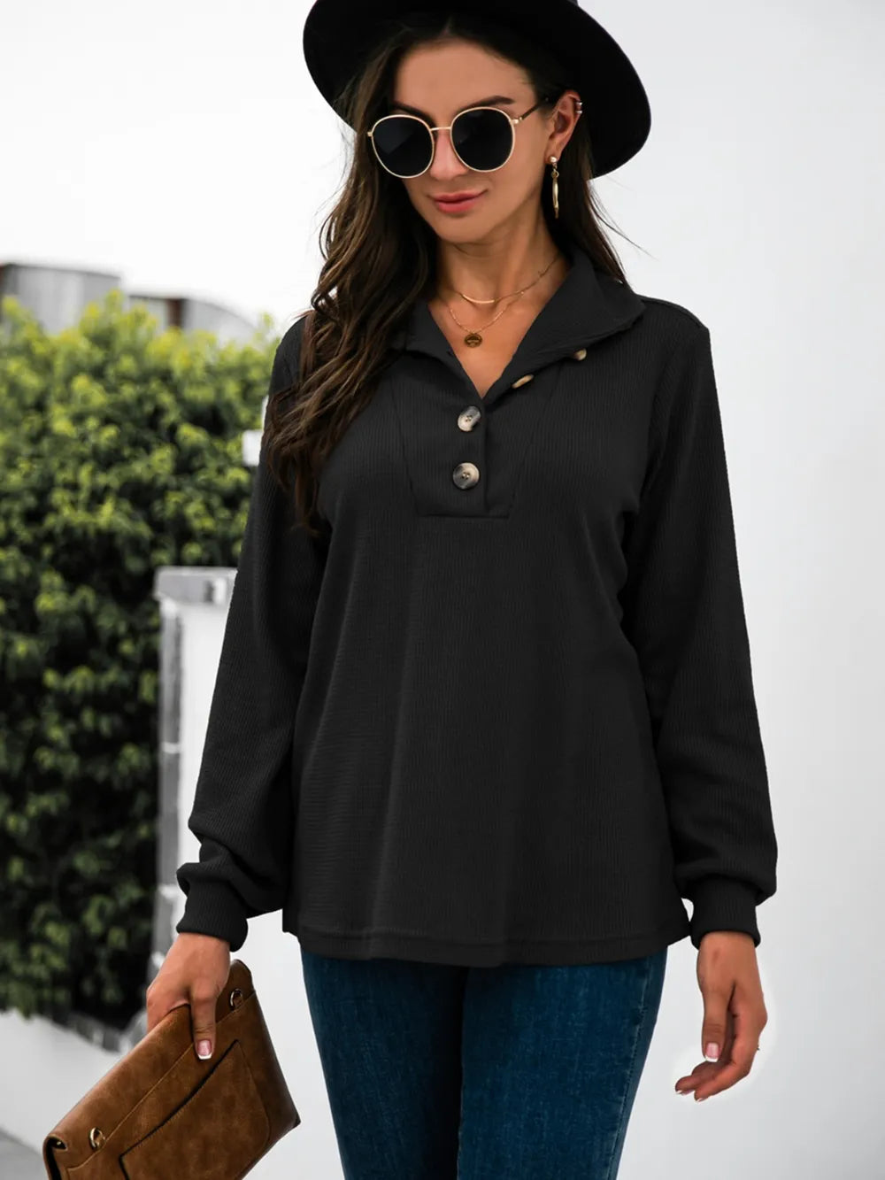 Half Button Long Sleeve T-Shirt - Trendsi | Lola Mariee