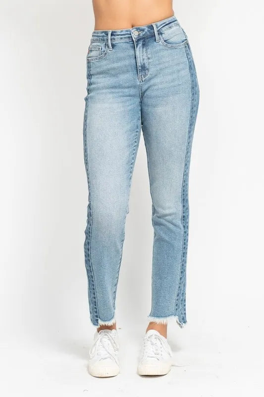Judy Blue Full Size Vintage Wash Side Panel Detail with Fray Hem Slim Plus Size - women's fashion at Lola Mariee boutique