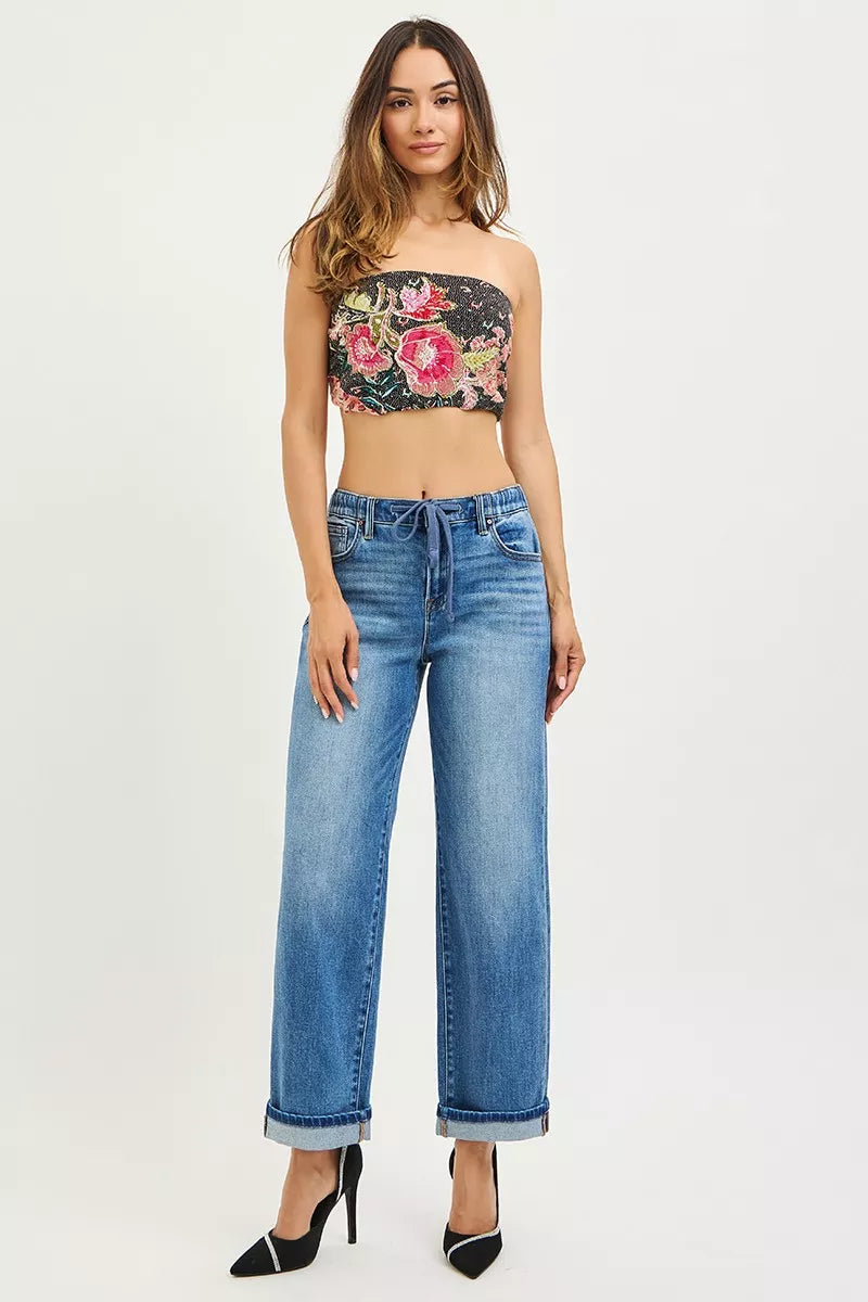 RISEN Elastic Band Slouch Ankle Boyfriend Cuffed Hem Jeans - LOLA MARIEE | Lola Mariee