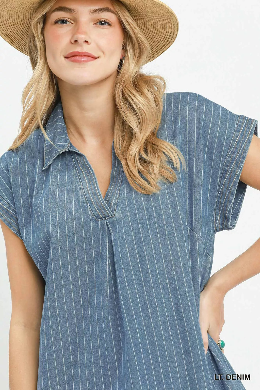 Umgee Pinstripe Denim Collared Midi Dress with Side Slits - Trendsi | Lola Mariee