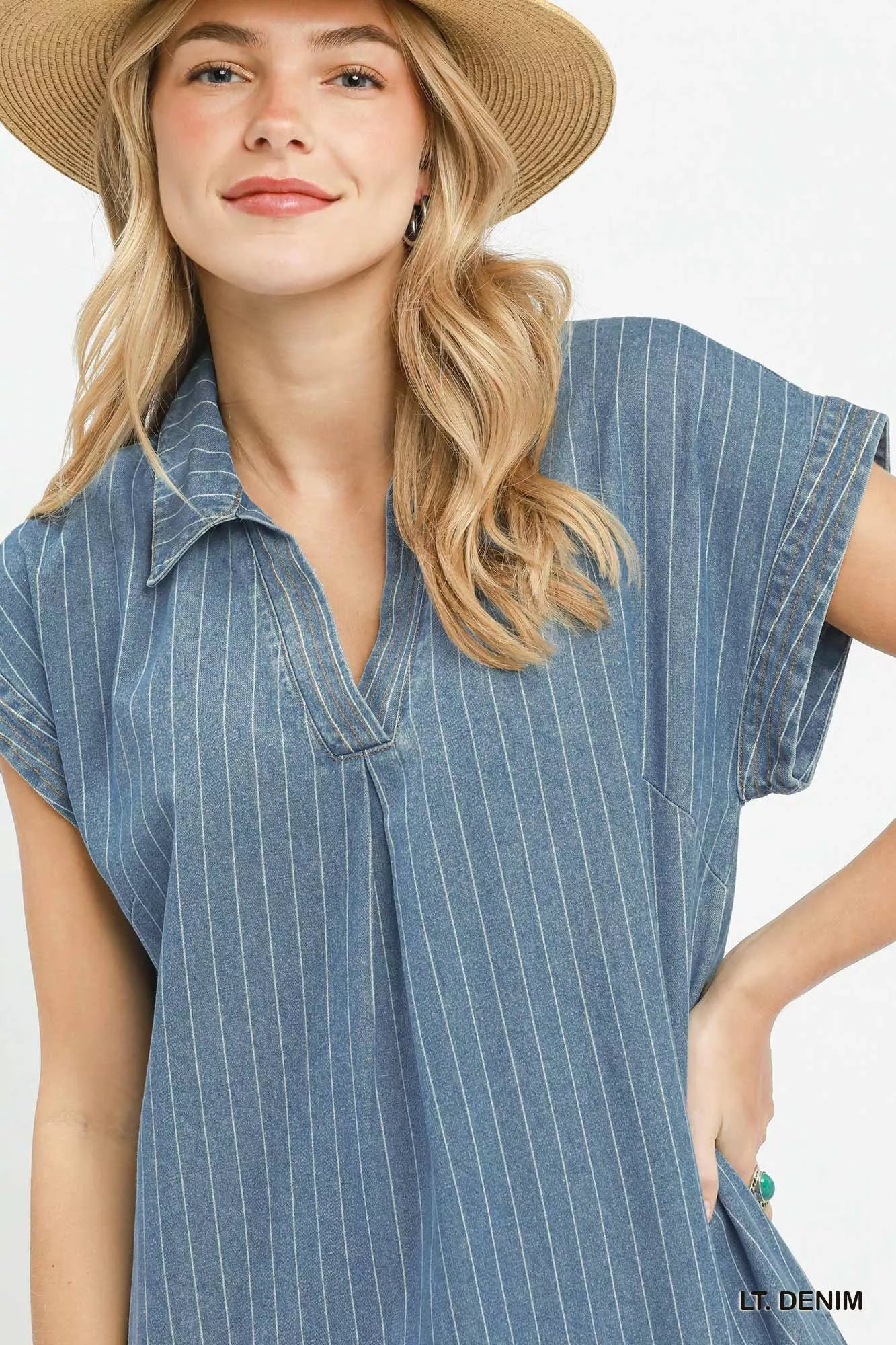 Umgee Pinstripe Denim Collared Midi Dress with Side Slits - Trendsi | Lola Mariee