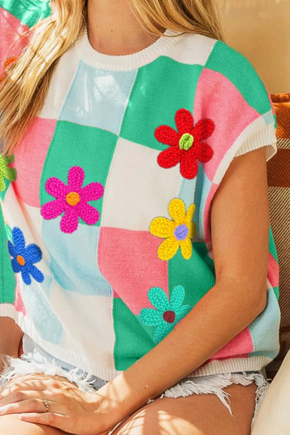 BiBi Flower Patch Checkered Sweater Vest - Trendsi | Lola Mariee