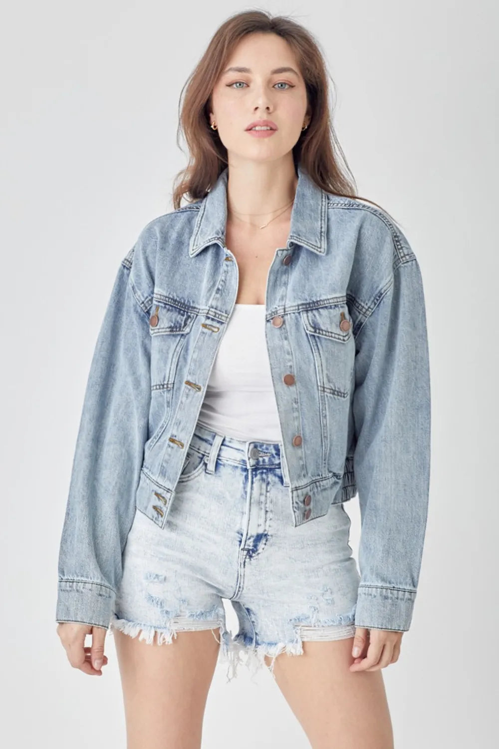 RISEN Full Size Button Down Cropped Denim Jacket - LOLA MARIEE | Lola Mariee