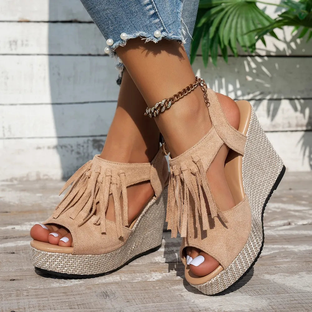 Fringe Peep Toe Wedge Sandals – view 3 | Lola Mariee