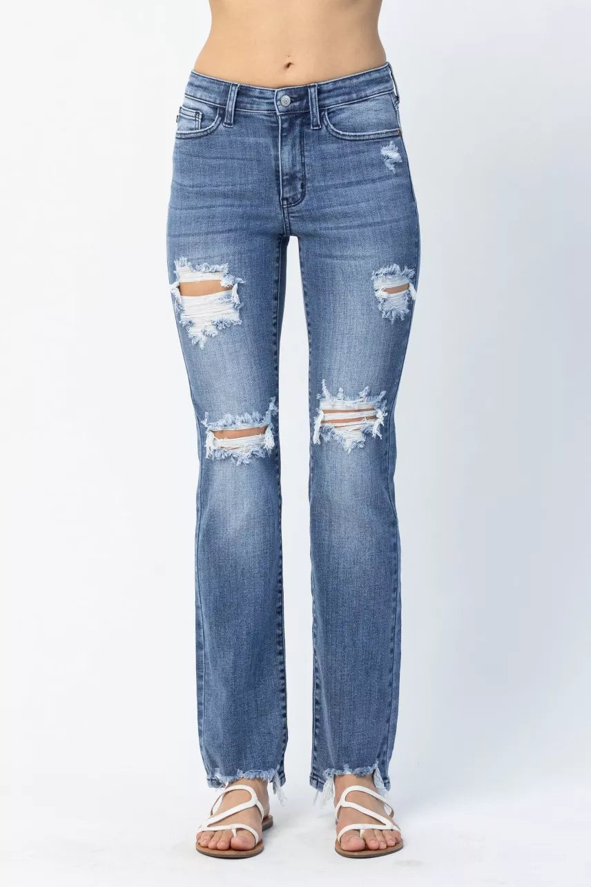 Judy Blue Full Size Mid Rise Destroy Straight Jeans Plus Size - women's bottoms at Lola Mariee boutique