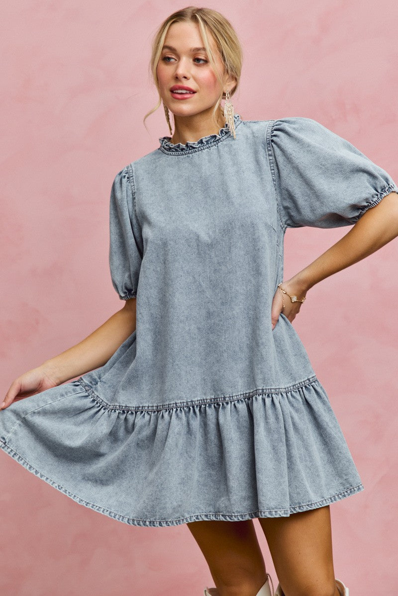 SO ME Denim Short Sleeves Mini Tiered Dress - Trendsi | Lola Mariee