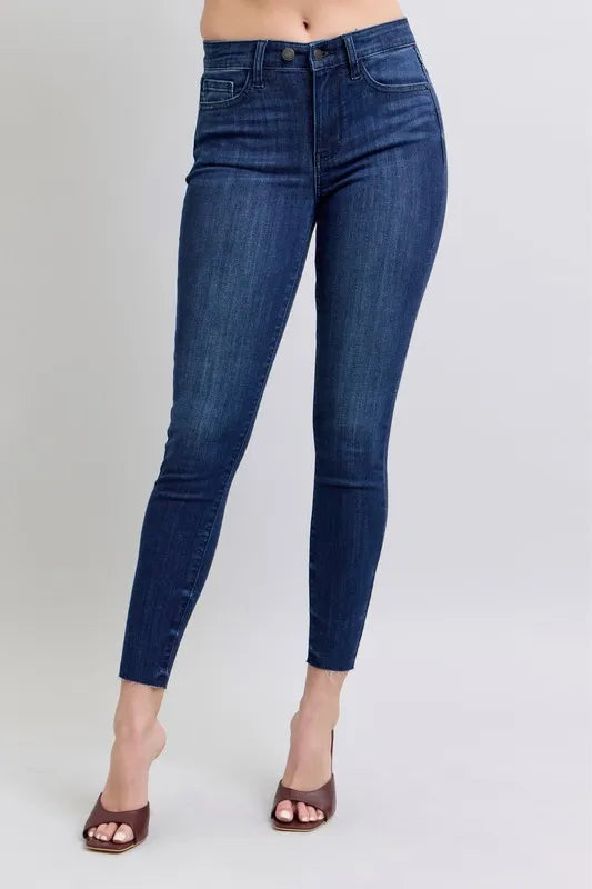 Judy Blue Full Size Mid Rise Skinny Jeans with Raw Hem Plus Size - women's bottoms at Lola Mariee boutique