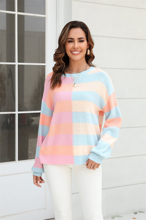 Angel Wings Round Neck Long Sleeve Color Block Dropped Shoulder Pullover Sweater | Lola Mariee