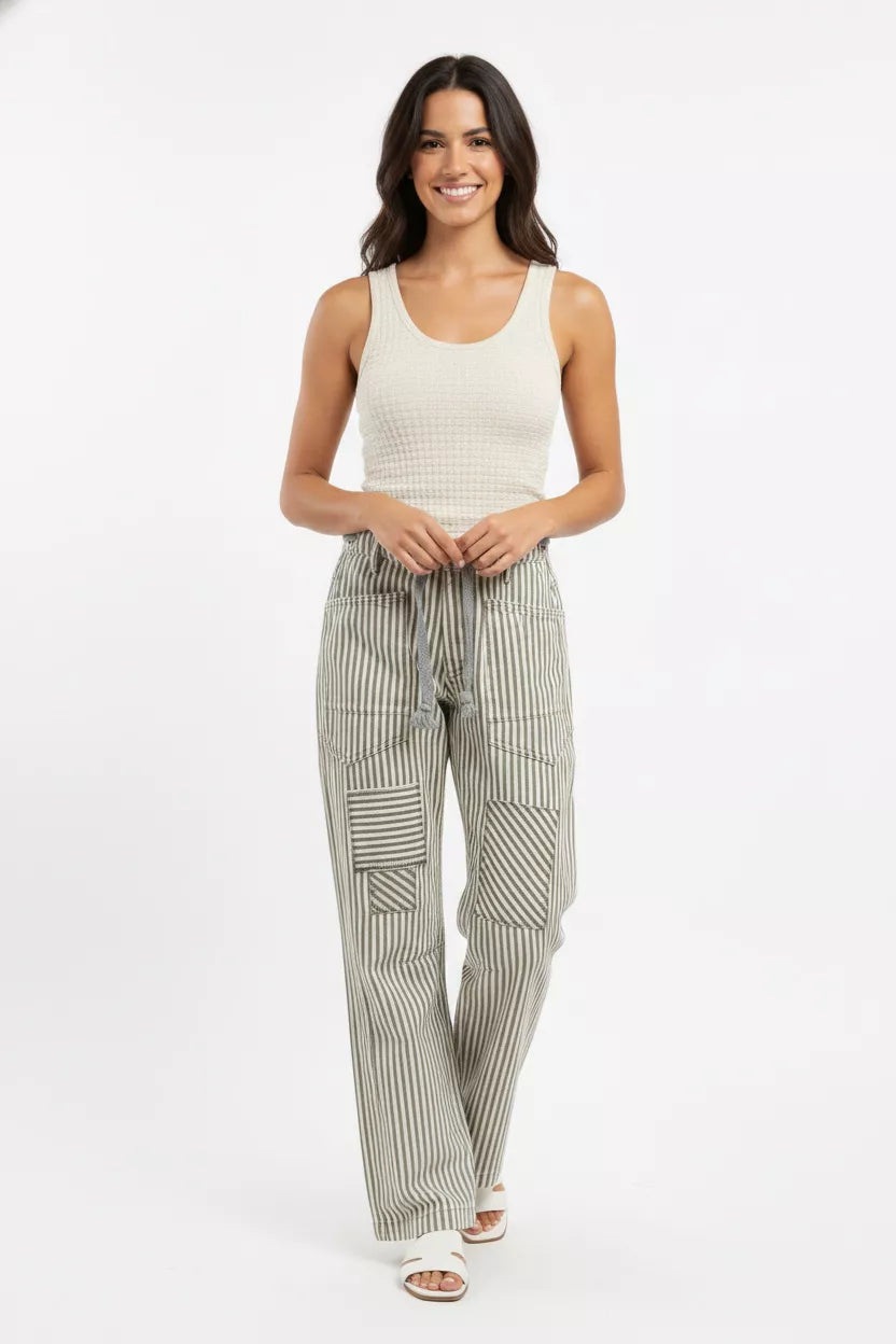 BiBi Drawstring Striped Twill Barrel Pants - Trendsi | Lola Mariee
